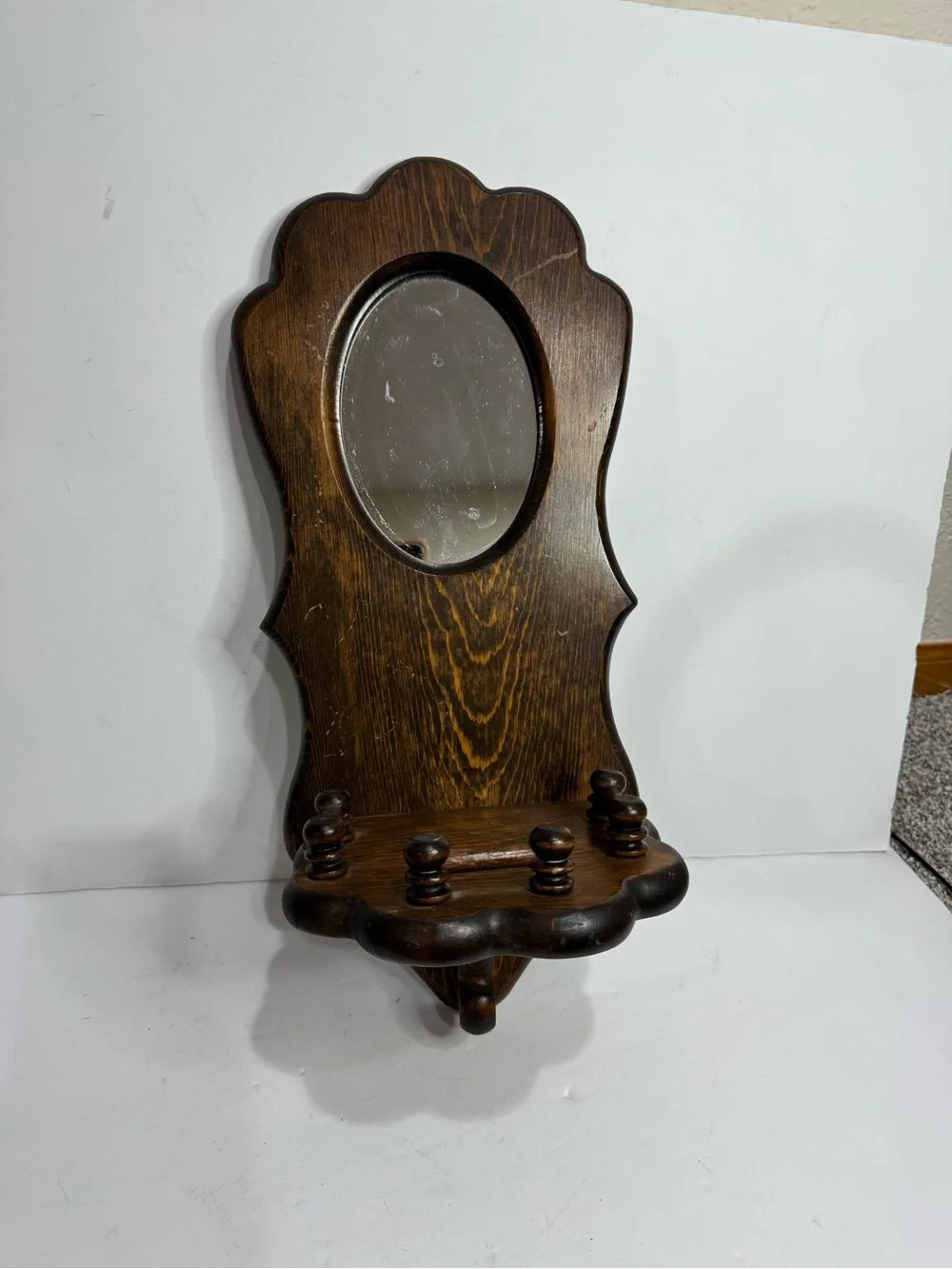 Vintage Scalloped Wood Wall Mirror with Gallery Spindle Shelf